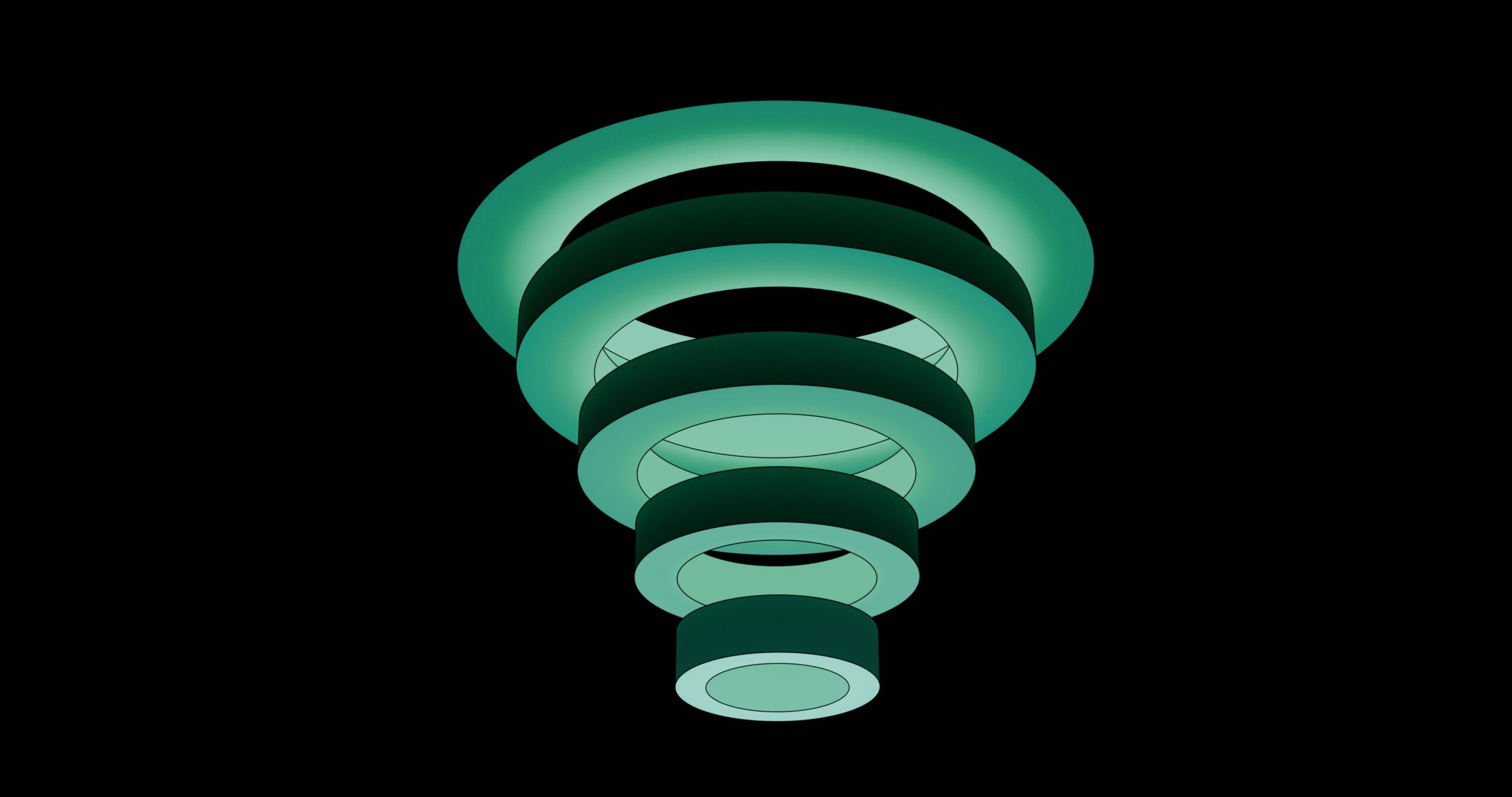 Artistic 3D spiral structure in green hues against a solid black background, showcasing modern abstract design.
